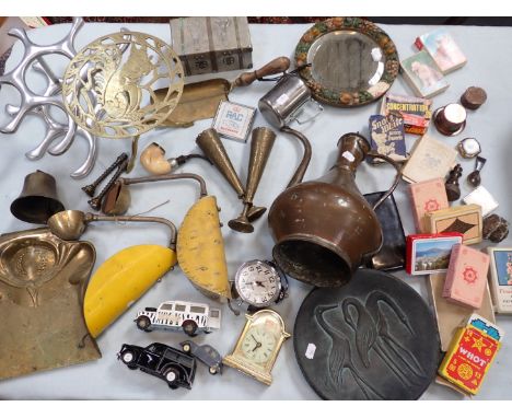 A PAIR OF VINTAGE FRENCH WALL LIGHTS with yellow painted  metal shades, other metalware and sundries