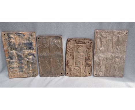 FOUR CERAMIC RELIEF SCULPTURES 20th century, of slab form, impressed with old printing blocks, cast with putti and icons, and