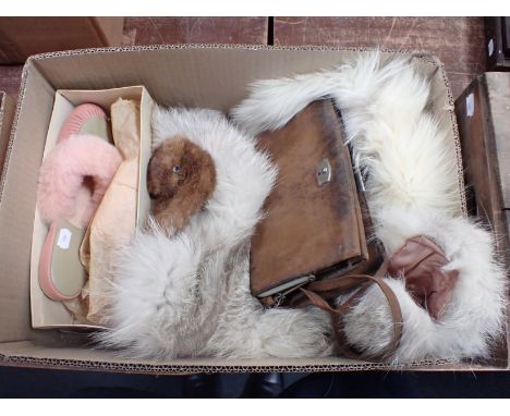 A PAIR OF VINTAGE PINK FLUFFY MULES size 5, a fur stole (shedding) and other items