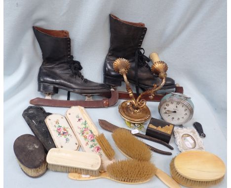 A PAIR OF VINTAGE ICE SKATING BOOTS brushes, ceramic door plates and sundries