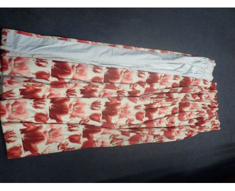 ANDREW MARTIN: TWO PAIRS OF 'RED TULIP'  DESIGN CREAM LINEN CURTAINS interlined with pleated and hook headings,  one pair 200