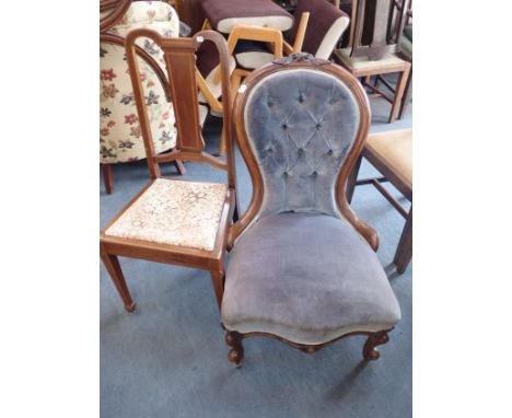 A VICTORIAN WALNUT BUTTON BACK CHAIR and an Edwardian chair (2)