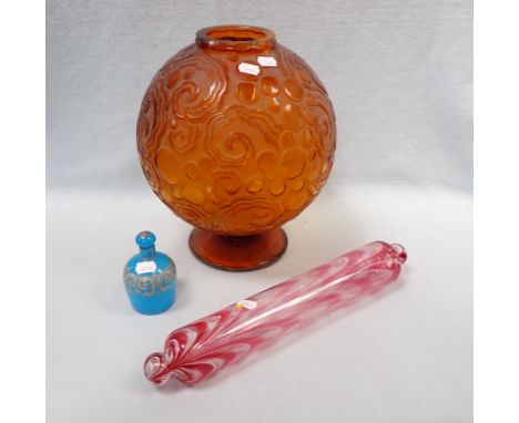 A 'NAILSEA' TYPE ROLLING PIN a large French vase (damaged) and 19th century blue glass scent bottle