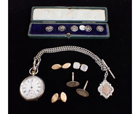 FIVE SILVER ART NOVEAU DRESS STUDS together with two pairs of cufflinks (one odd) and a silver pocket watch with white enamel