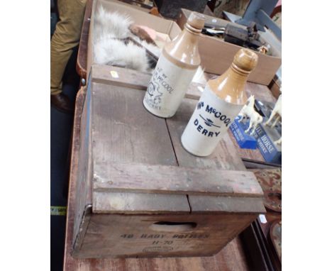 A VINTAGE MOUSSEC CRATE and two stoneware bottles; 'William Mc Cool, Londonderry'