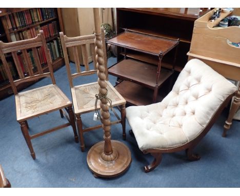 A BUTTON BACK SLIPPER CHAIR a standard lamp, a trolley and  seven Edwardian oak chairs with (old) rush drop in seats (two dro