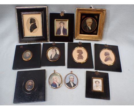 A COLLECTION OF PORTRAIT  MINIATURES 19th century, some painted, some on a photographic base, others silhouette