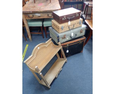 AN EDWARDIAN WALL SHELF AND FOUR VINTAGE CASES 