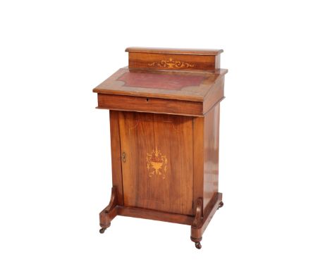 A VICTORIAN WALNUT AND MARQUETRY DAVENPORT circa 1870, the pen and ink box with hinged cover above a sloping top with inset l