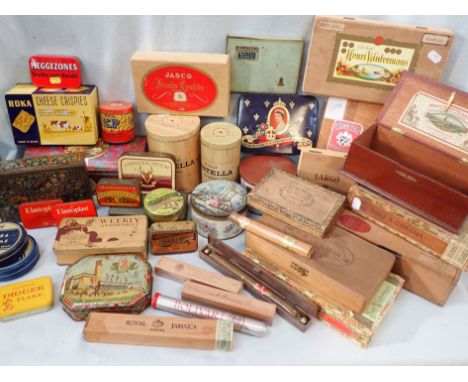 A QUANTITY OF VINTAGE TINS one from Empire Exhibition 1938, and some cigar boxes, with a few cigars