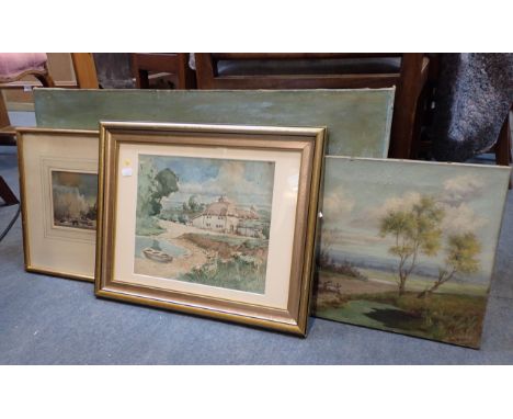 ST PAUL'S CATHEDRAL watercolour sketch early 20th century, a watercolour of a farm by a river by S Burton, 1930s and two 19th
