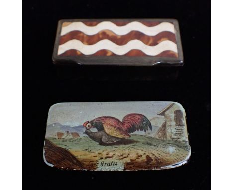A GEORGE III HORN, IVORY AND TORTOISESHELL SNUFF BOX together with another George III paper mache snuff box decorated with a 
