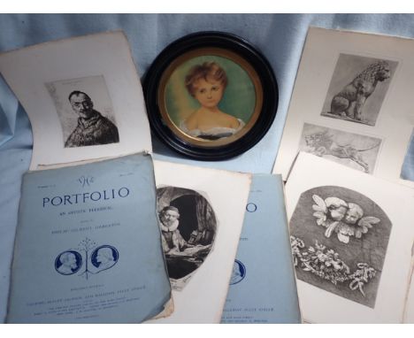'THE PORTFOLIO' 1880 including facsimile Rembrandt prints, and a framed 19th century portrait on silk, in circular frame