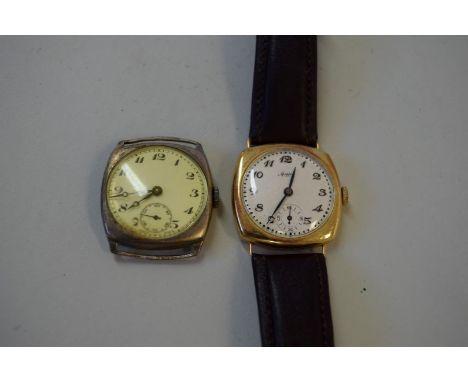 A vintage Mappin 9ct gold mechanical gentleman's wristwatch, on leather strap; and another silver example, (lacking strap). C