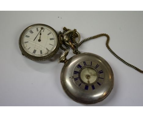 A Victorian Irish silver half hunter pocket watch, by E Moser, Limerick, having 3.6cm signed white enamel dial decorated Arab
