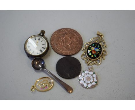 Three enamel pendants; together with a small fob watch; and other items. [7]