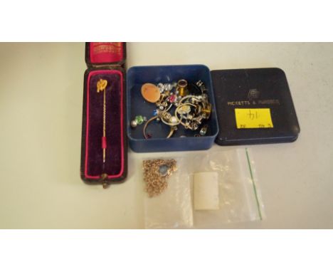 A cased 15ct gold stick pin; together with other items of jewellery.