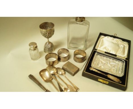 A silver snuff box and various silver and metal items to include cutlery, 150g weighable.