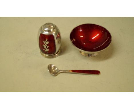 A Danish sterling and enamel salt, pepperette and spoon, by Volmer Bawner, Denmark, salt 4.9cm diameter. Condition Report: So