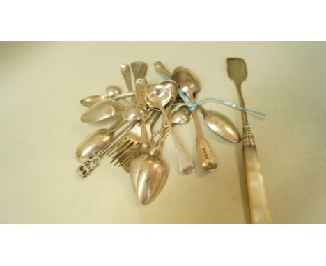 A George III silver cheese scoop, by Thomas Wilkes Barker, London 1816, having mother of pearl handle; together with various 
