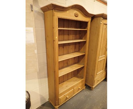 Large five shelf pine bookcase with double under drawers 190 x 120 cm