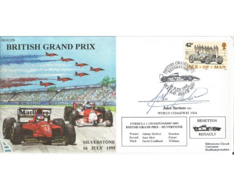 John Surtees Signed Formula One British Grand Prix Le First Day Cover. Good Condition. All signed pieces come with a Certific