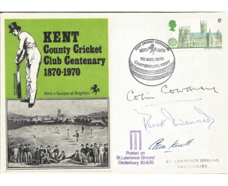 Kent County Cricket 1970 First Day Cover Signed By Colin Cowdrey, Derek Underwood &amp; Alan Knott. Good Condition. All signe