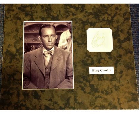 Bing Crosby signature piece mounted alongside b/w photo. Approx. overall size 12x10. Harry Lillis Bing Crosby was an American