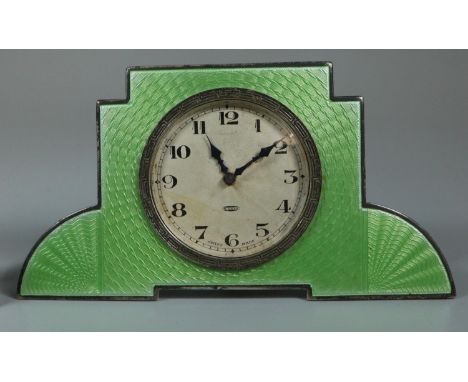 Art Deco design silver and green guilloche enamel architectural design travelling alarm clock, the face with Arabic numerals,