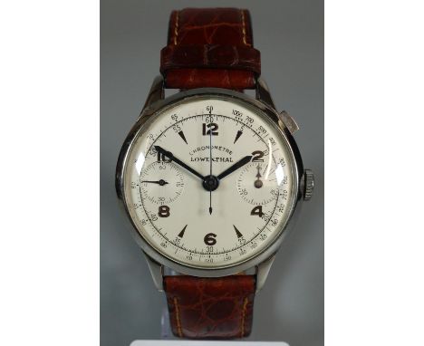 Lowenthal mid century steel gentleman's chronograph wristwatch with single button sweep seconds hand and two ancillary dials.