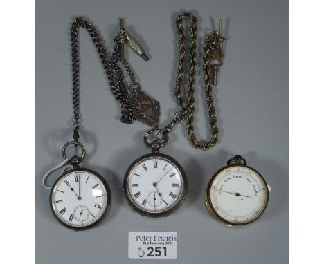 Two 19th century silver key wind open faced pocket watches with Roman enamel faces, having seconds dial and lever movements. 