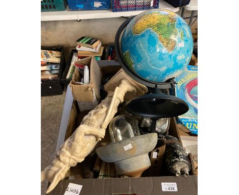 Modern metal table globe on plastic base, together with collection of oddments to include: telephone, lighting, mincer, statu