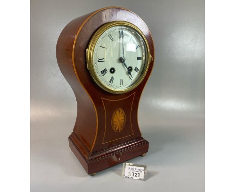 Large Edwardian inlaid mahogany two train balloon shaped mantle clock having Roman ceramic face, French brass drum movement s