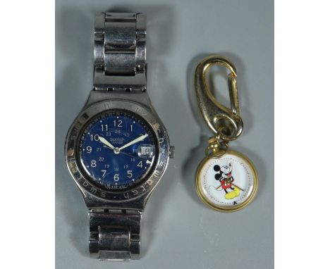 Swatch steel quartz gentleman's bracelet wristwatch with blue analogue face having Arabic numerals, sweep seconds hand and da