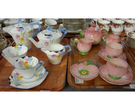 Vintage Carlton Ware pink 'Buttercup' flower design breakfast set comprising; small teapot, sugar bowl, milk jug, two cups an