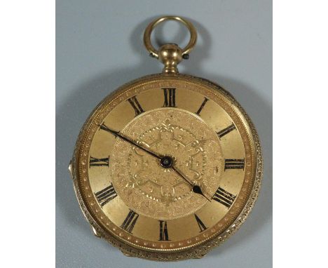 19th century 18ct gold fancy key wind fob watch with engine turned Roman face and engraved decoration.  3.6cm diameter approx