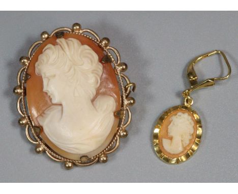 9ct gold cameo portrait brooch together with a gold finish cameo pendant.  (2)  (B.P. 21% + VAT) 
