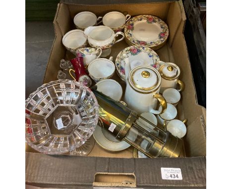 Box of assorted mainly china to include: Aynsley part tea set, Paragon coffee set, brass miner's lamp, glass comport etc.  (B