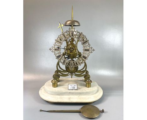 19th century brass skeleton clock with pierced and silvered Roman chapter ring, Fusee movement striking on one bell on oval s