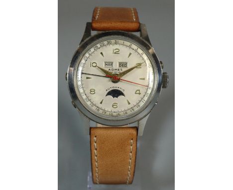 An Admes vintage Swiss made steel gentleman's day date moon phase chronograph wristwatch, automatic movement, with sweep seco