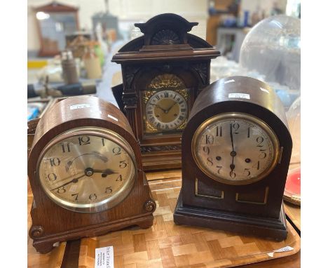 Large early 20th century German walnut architectural two train mantle clock, with brass face having silvered Roman chapter ri