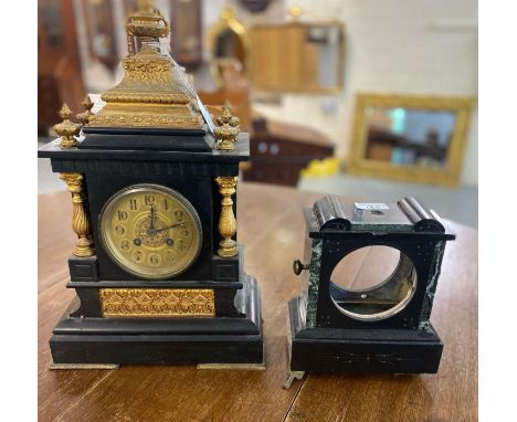 Late 19th century black slate and gilt metal two train architectural mantle clock with Arabic face and french brass drum move