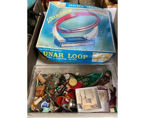 Plastic box comprising Corgi Chitty Chitty Bang Bang car, Victorian envelopes, letters and stamps, Squadron silk flags, other