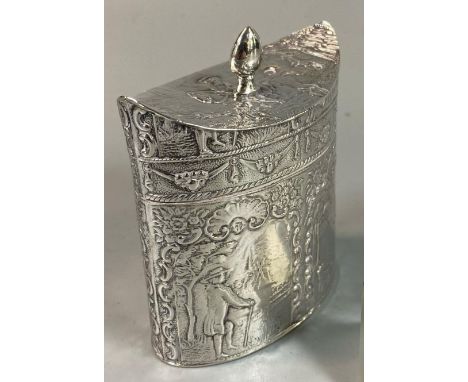 Continental silver tea caddy depicting figures in a landscape with import marks, marked 930 to the base and British marks for