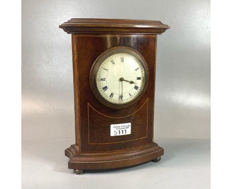 Edwardian mahogany inlaid mantle clock with Roman face, French brass drum movement on brass ball feet. 26cm high approx. (B.P