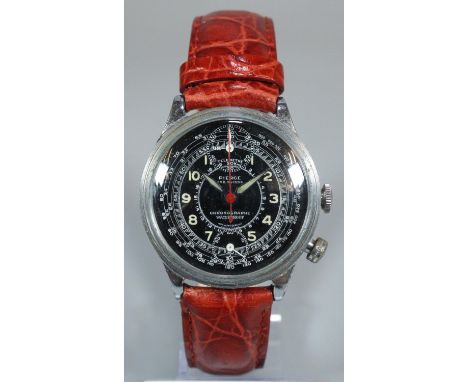 Pierce Swiss 'Chronographe' military style single button mechanical wristwatch with two additional dials and tachygraph inner