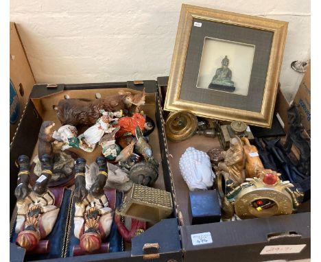 Two boxes of assorted mainly figurines: Asian buddha framed, bust, ceramic lion, birds, Blackamoor type figures  together wit