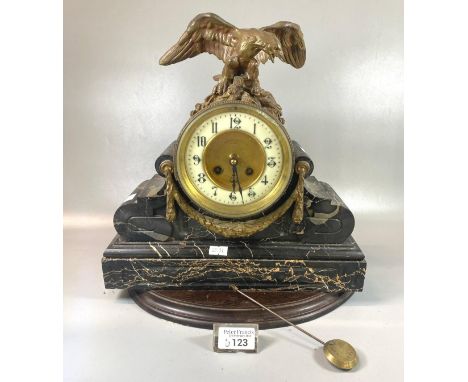 19th century Empire design French brass drum head clock, the case surmounted by eagle and having Arab ceramic chapter ring on