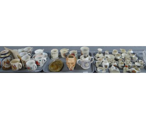 Three trays of china to include: various crested souvenir ware; Royal Doulton and others, Royal Doulton commemorative mugs, K