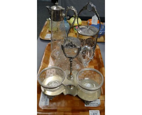 Collection of glass items with silver plated mounts/lids to include: etched glass claret jug, cut glass water jug, Art Nouvea